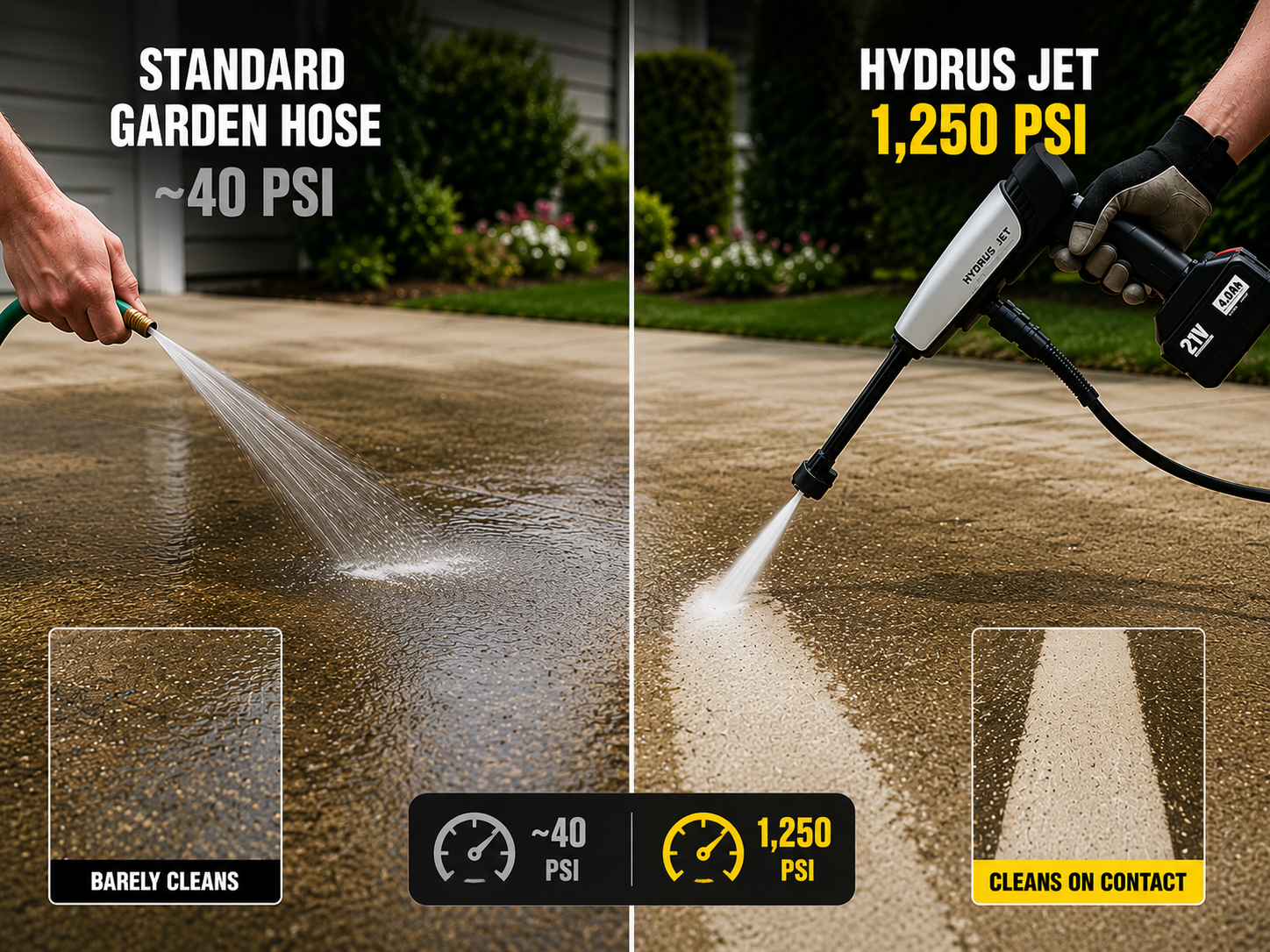 Close-up of Hydrus Jet spray showing 1250 PSI cleaning pressure washing away mud on car wheel rims