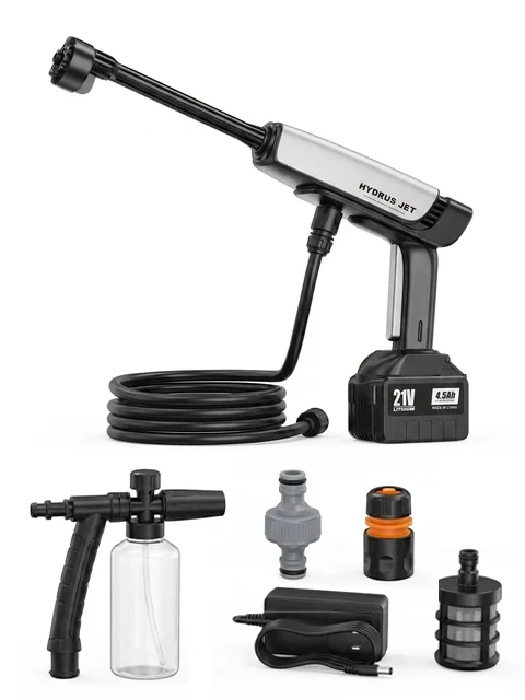 Hydrus Jet cordless pressure washer unit showing lightweight ergonomic design and battery pack attachment
