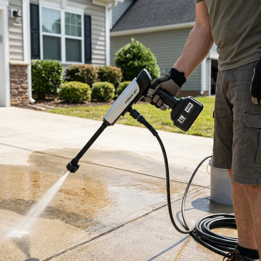 Hydrus Jet cordless pressure washer being used on patio stairs far from the house with no cables attached