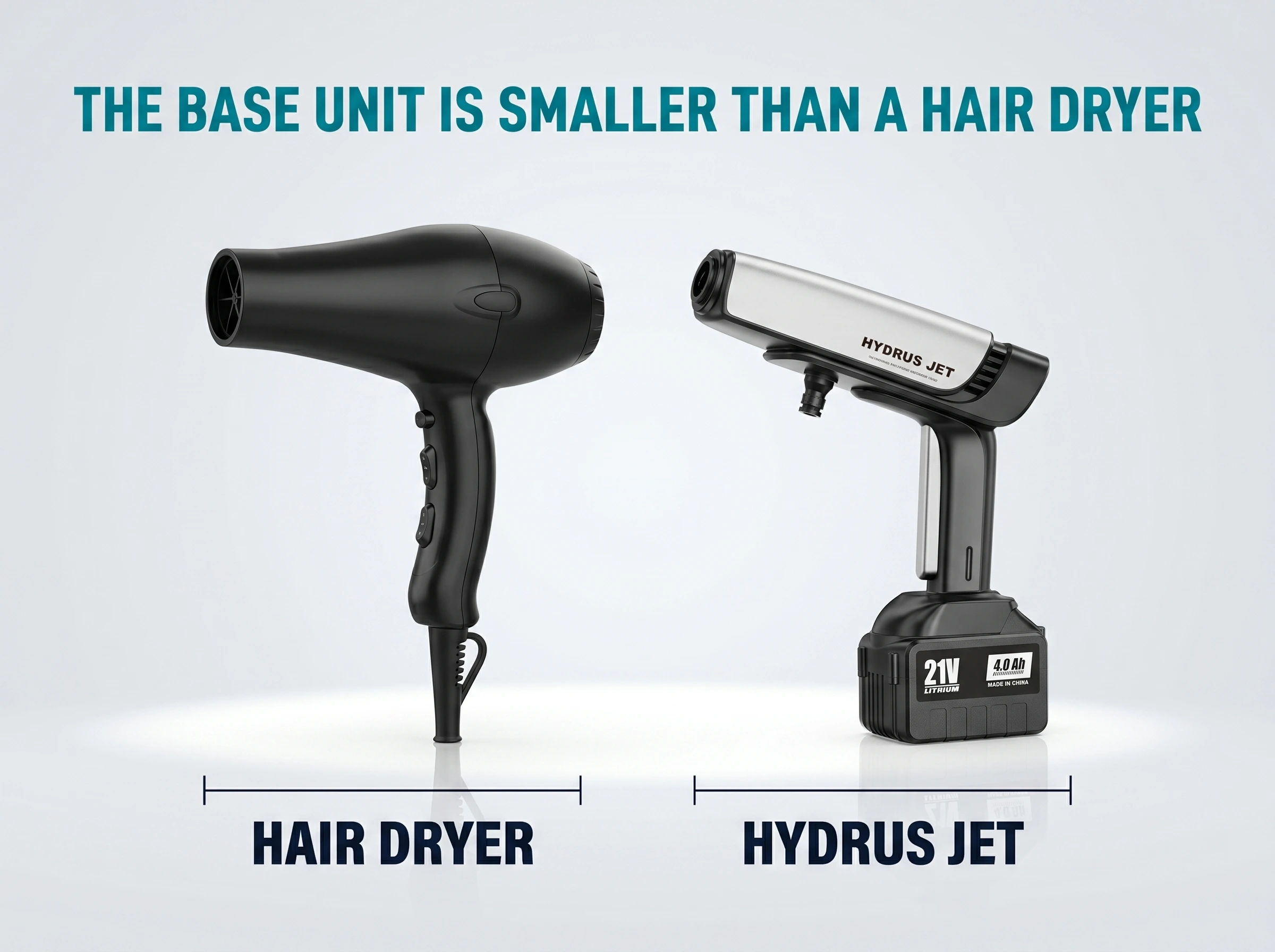 Hydrus Jet held easily in one hand by a homeowner showing compact size compared to a hair dryer