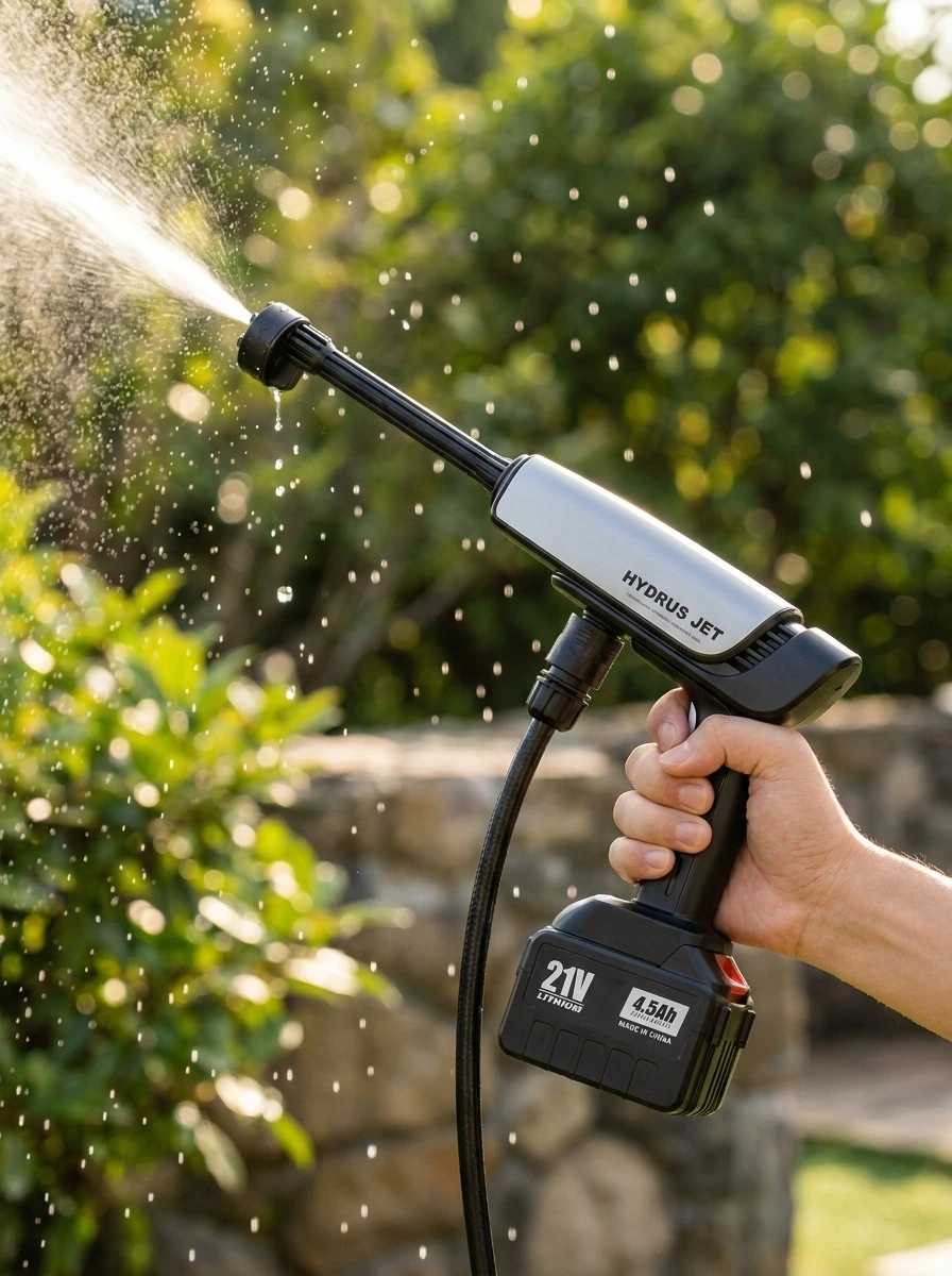 User pulling the trigger on Hydrus Jet cordless pressure washer spraying water to wash driveway